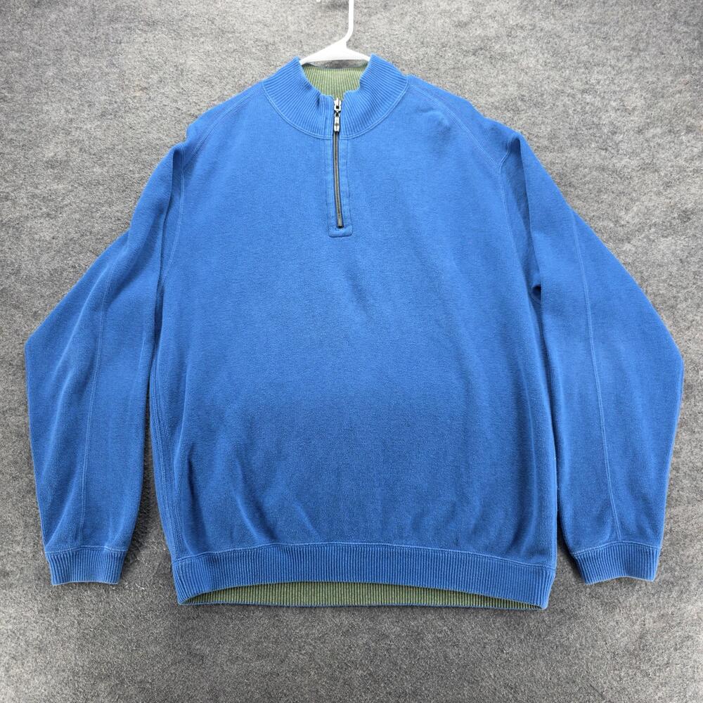Tommy Bahama Sweater Mens Large Blue Reversible Mock Neck Quarter Zip Pullover